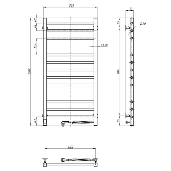 Elektrischer Badheizkörper Navin Classic Quadro 500x1000, Sensor rechts, Timer