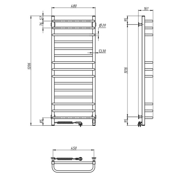 Elektrischer Badheizkörper Navin Grandis 480x1200 Sensor, weiß, mit Kabelausgang links