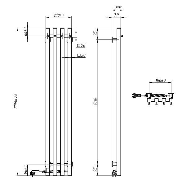 Elektrischer Handtuchheizkörper Navin Levante 210x1200 weiß mit Kabelausgang rechts