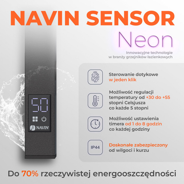 Navin Elektrischer Handtuchheizkörper Levante 210x1200 schwarz mit Kabelausgang rechts
